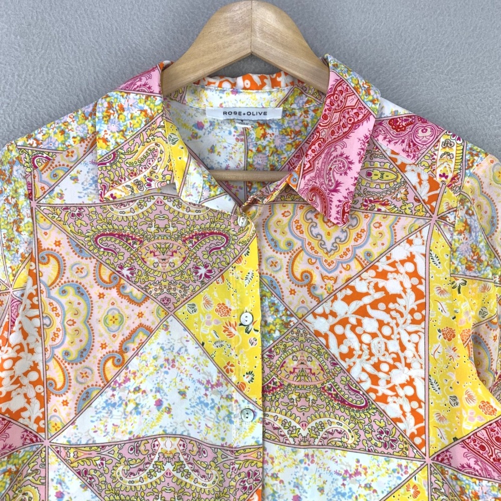 Rose + Olive Patchwork Print Button Down Shirt Women S Paisley Floral Blouse